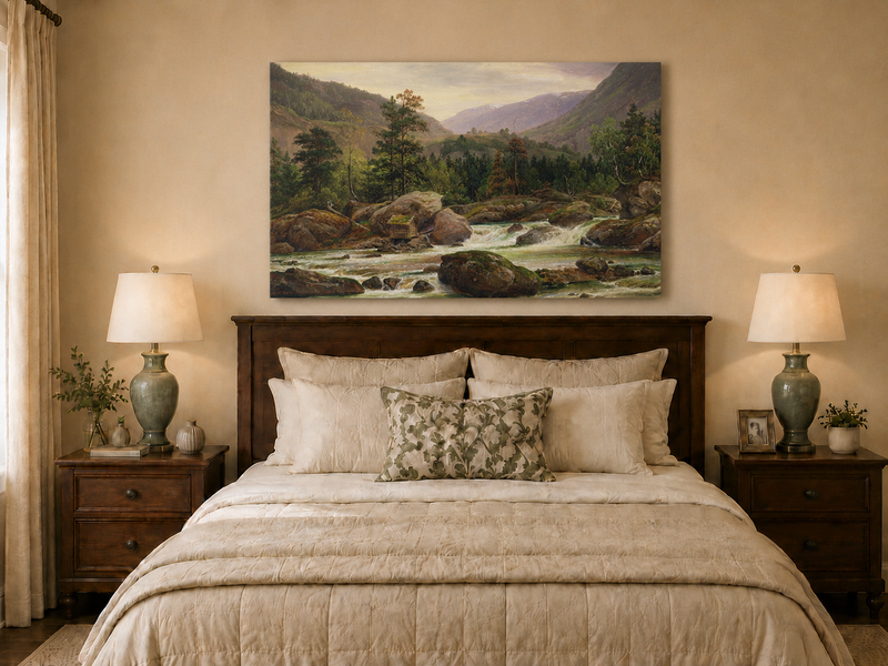 Landscape Oil Painting - Mountain River Rapids and Forest Valley