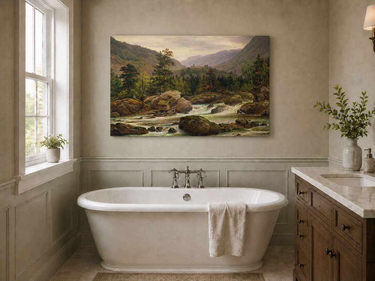 Landscape Oil Painting - Mountain River Rapids and Forest Valley