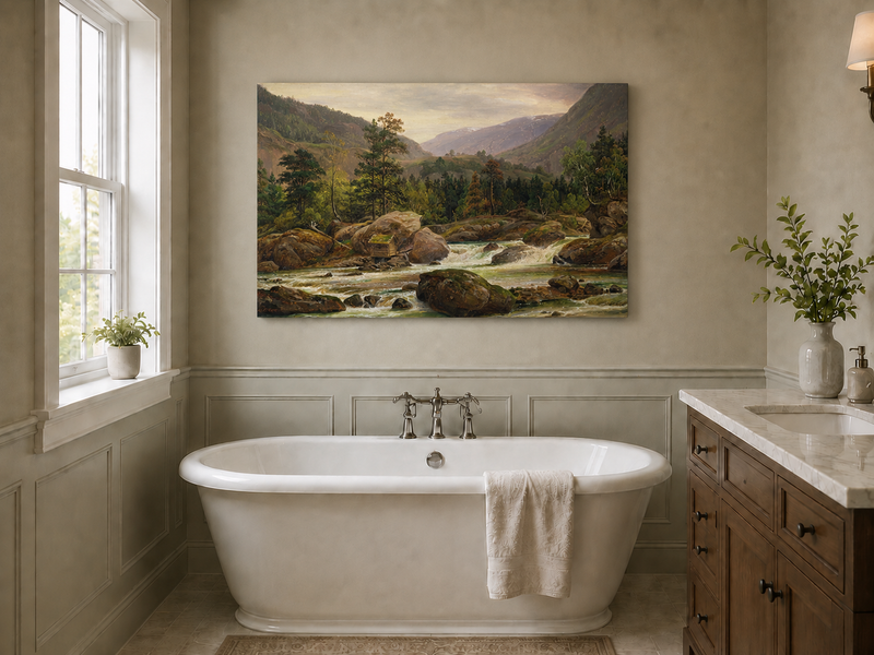 Landscape Oil Painting - Mountain River Rapids and Forest Valley