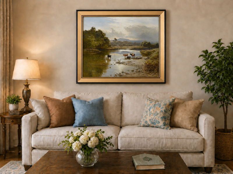 Landscape Oil Painting - Cattle Quiet River Countryside