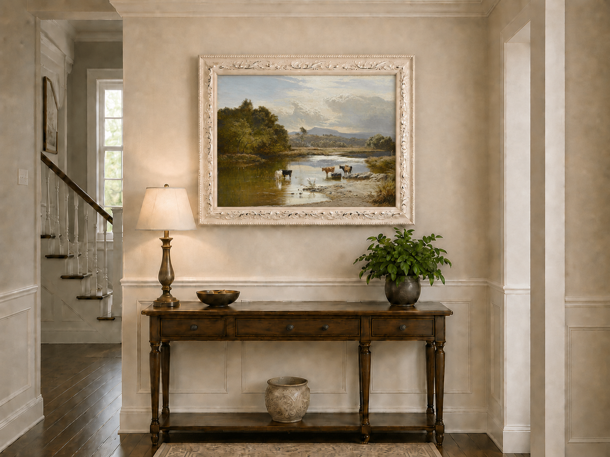 Landscape Oil Painting - Cattle Quiet River Countryside