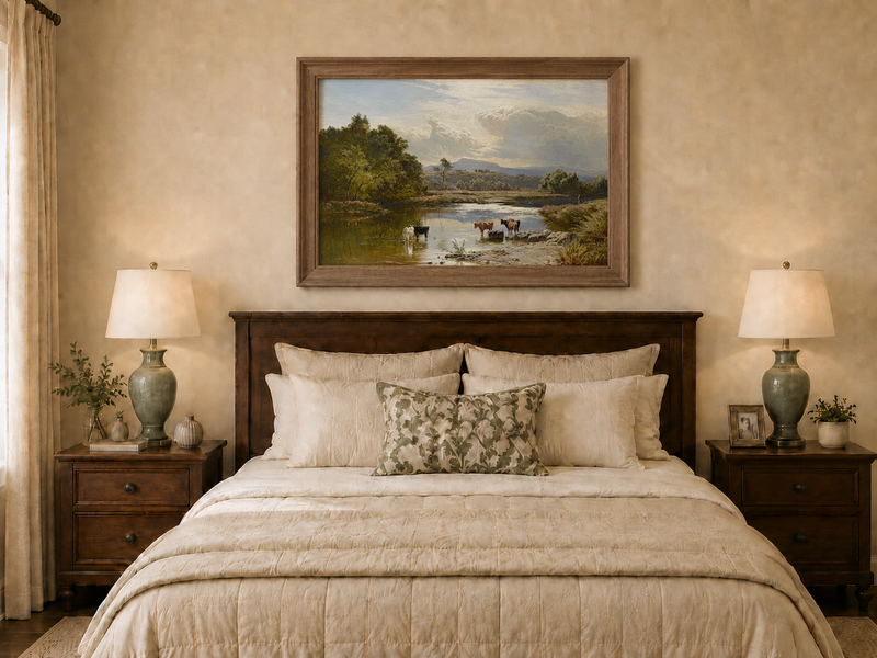 Landscape Oil Painting - Cattle Quiet River Countryside