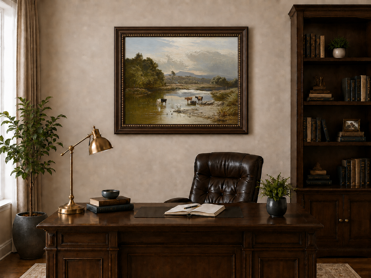 Landscape Oil Painting - Cattle Quiet River Countryside