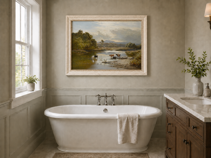 Landscape Oil Painting - Cattle Quiet River Countryside