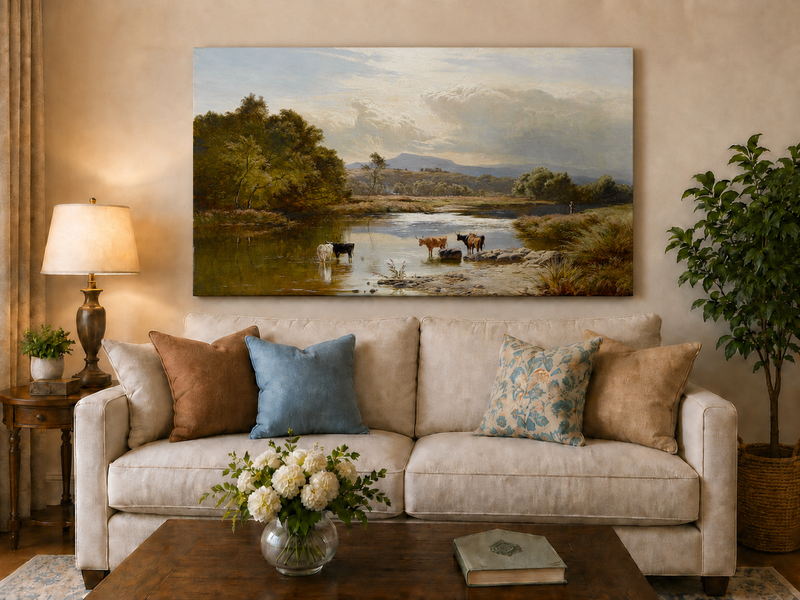 Landscape Oil Painting - Cattle Quiet River Countryside