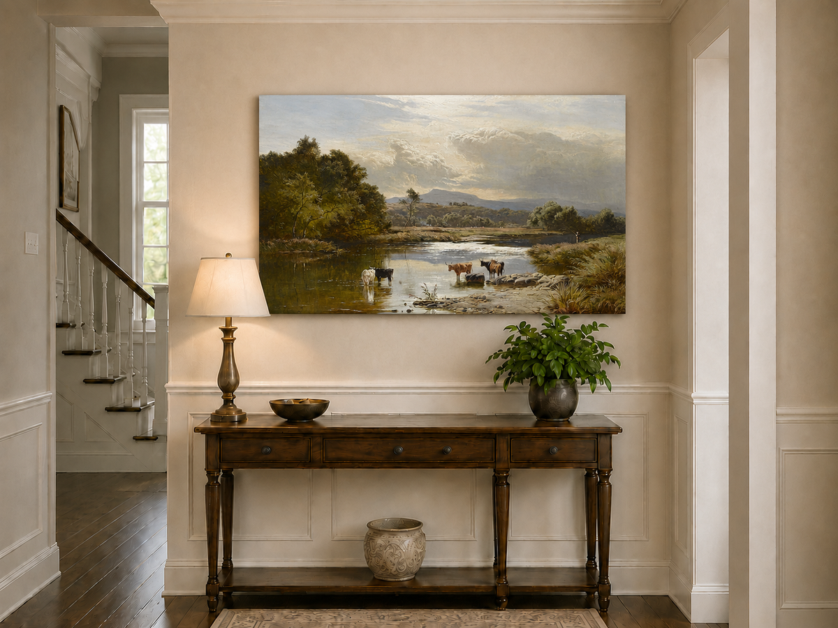 Landscape Oil Painting - Cattle Quiet River Countryside