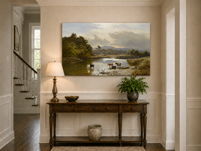 Landscape Oil Painting - Cattle Quiet River Countryside