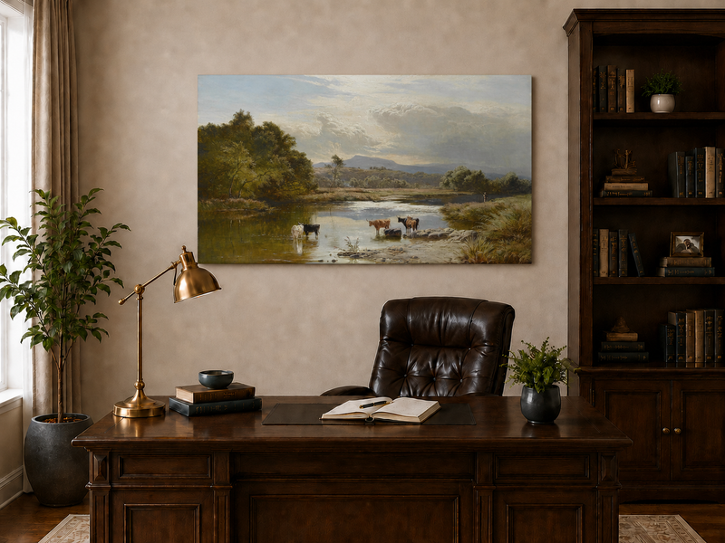 Landscape Oil Painting - Cattle Quiet River Countryside