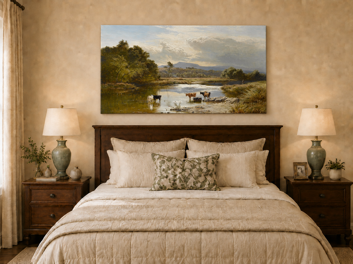 Landscape Oil Painting - Cattle Quiet River Countryside