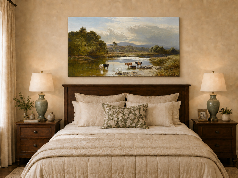 Landscape Oil Painting - Cattle Quiet River Countryside