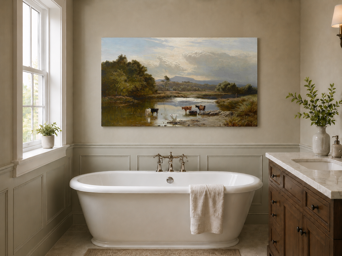 Landscape Oil Painting - Cattle Quiet River Countryside