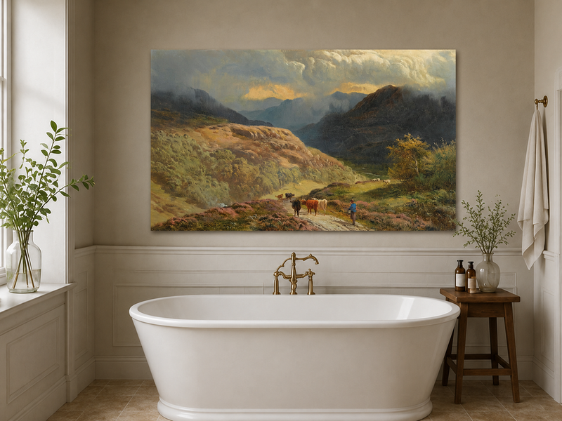 Landscape Oil Painting - Mountain Valley Pastoral , Cattle, Hills