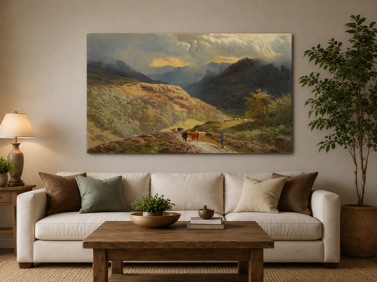 Landscape Oil Painting - Mountain Valley Pastoral , Cattle, Hills