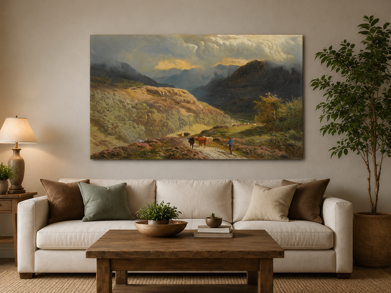 Landscape Oil Painting - Mountain Valley Pastoral , Cattle, Hills