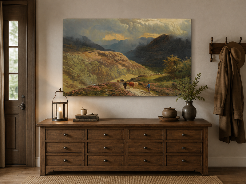 Landscape Oil Painting - Mountain Valley Pastoral , Cattle, Hills
