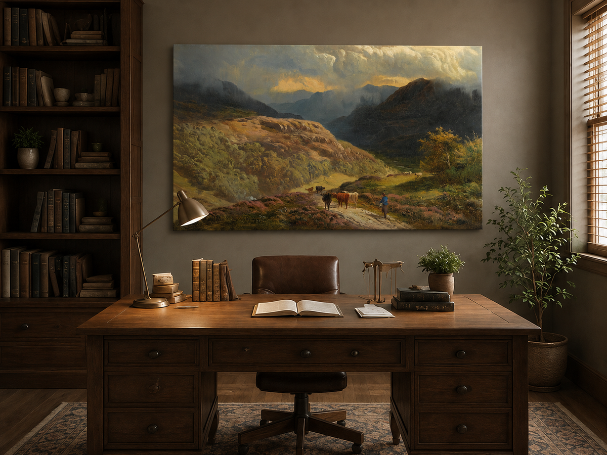 Landscape Oil Painting - Mountain Valley Pastoral , Cattle, Hills