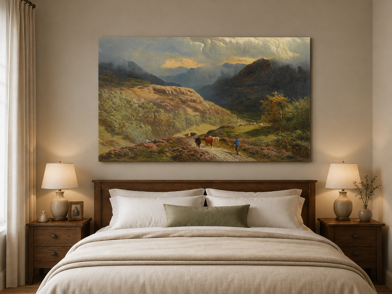 Landscape Oil Painting - Mountain Valley Pastoral , Cattle, Hills