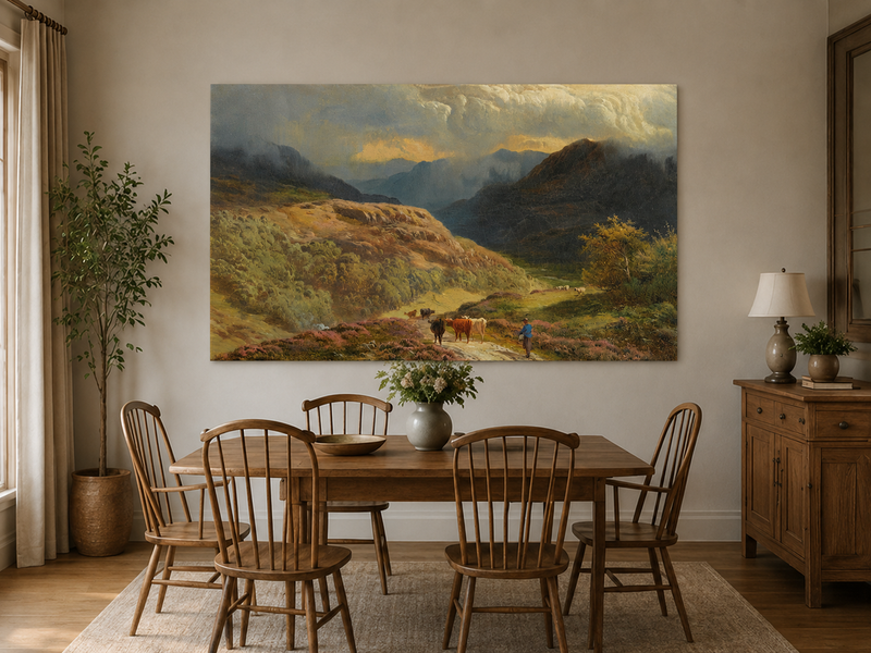 Landscape Oil Painting - Mountain Valley Pastoral , Cattle, Hills