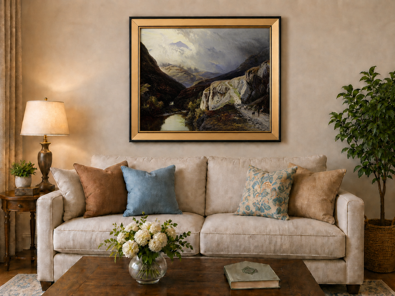 Landscape Oil Painting - Shepherd & Flock Crossing Mountain Pass