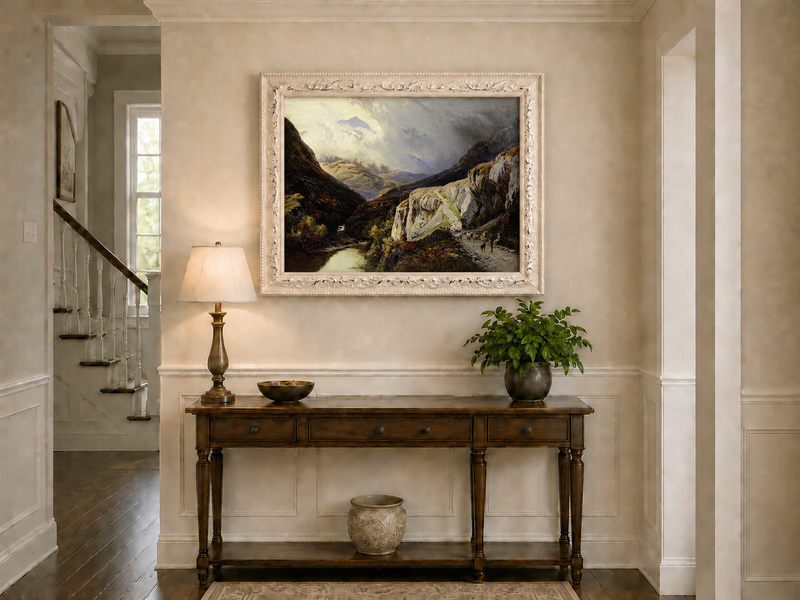 Landscape Oil Painting - Shepherd & Flock Crossing Mountain Pass