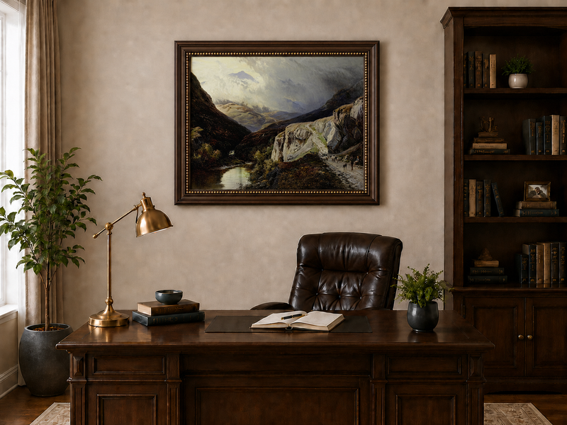 Landscape Oil Painting - Shepherd & Flock Crossing Mountain Pass