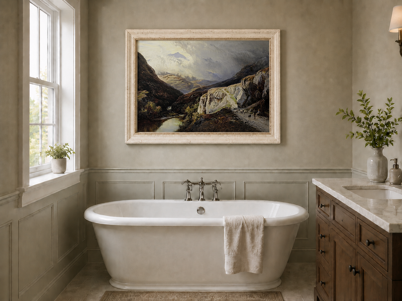 Landscape Oil Painting - Shepherd & Flock Crossing Mountain Pass