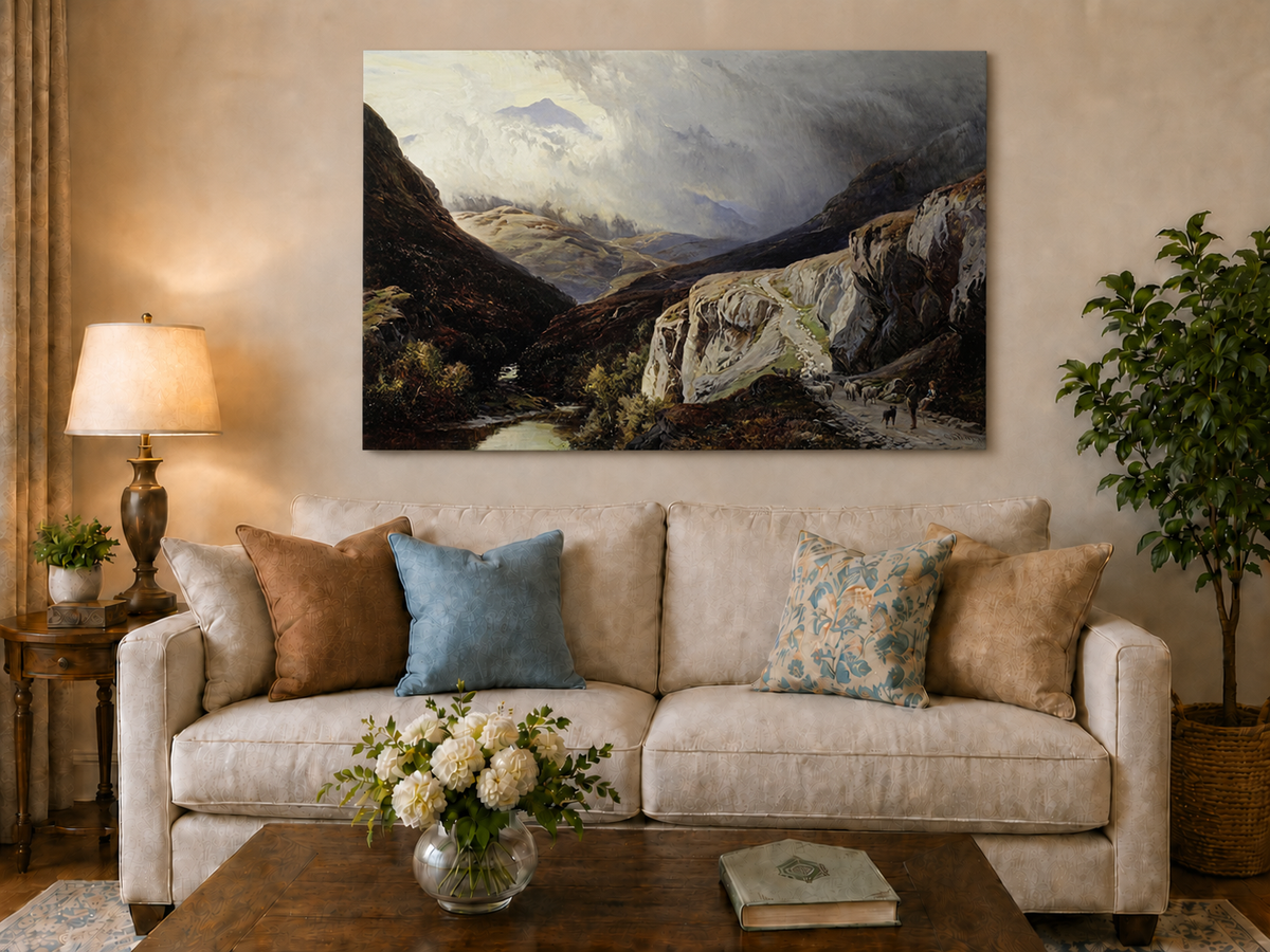 Landscape Oil Painting - Shepherd & Flock Crossing Mountain Pass