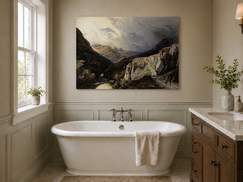 Landscape Oil Painting - Shepherd & Flock Crossing Mountain Pass