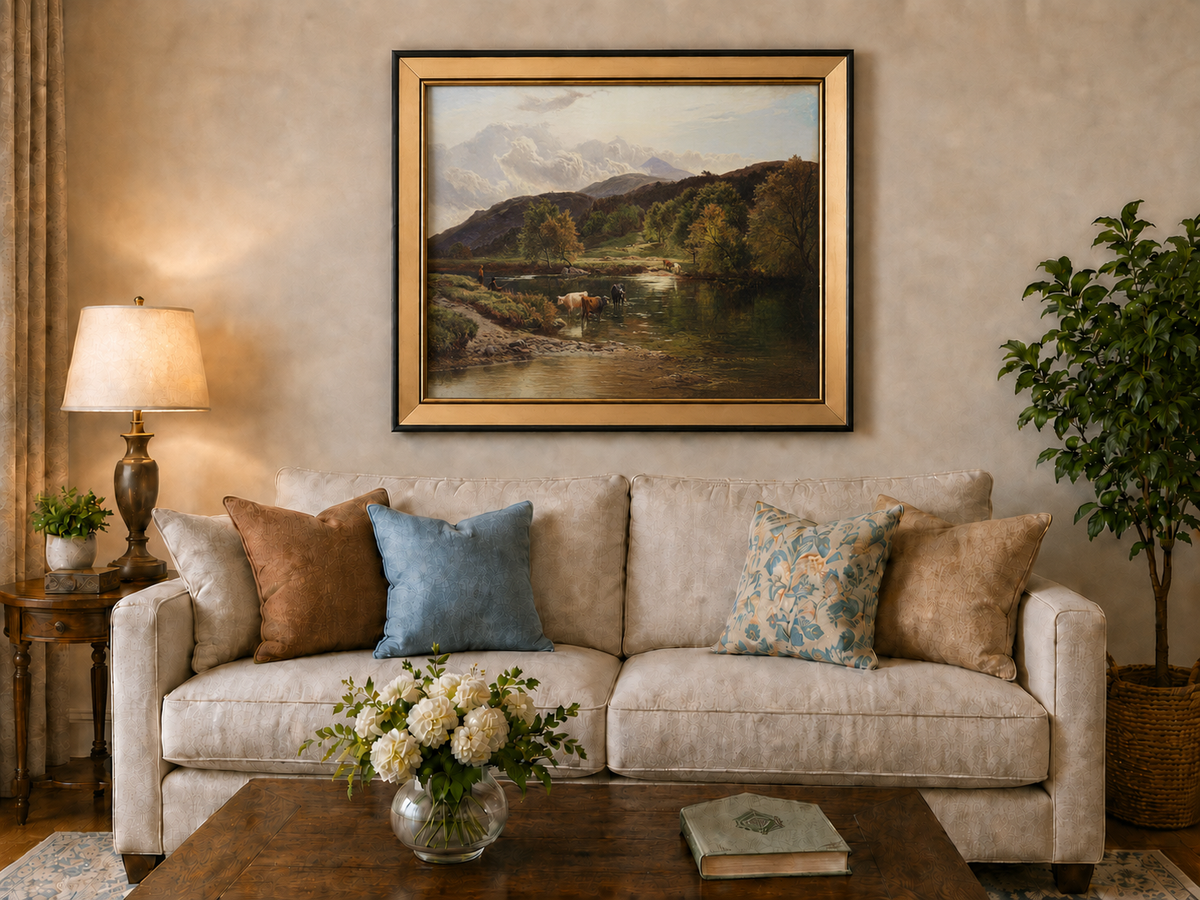 Landscape Oil Painting - Pastoral River Landscape Cattle, Hills