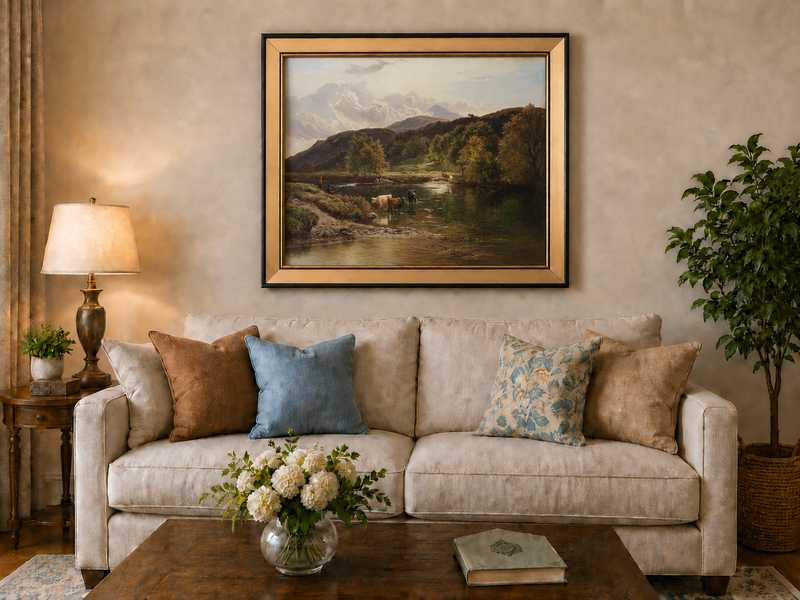 Landscape Oil Painting - Pastoral River Landscape Cattle, Hills