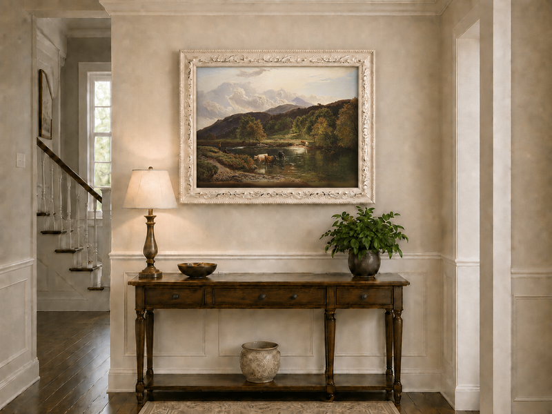Landscape Oil Painting - Pastoral River Landscape Cattle, Hills