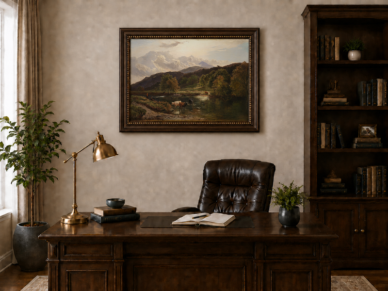 Landscape Oil Painting - Pastoral River Landscape Cattle, Hills
