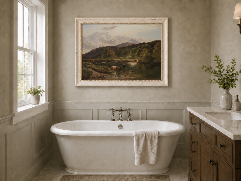 Landscape Oil Painting - Pastoral River Landscape Cattle, Hills
