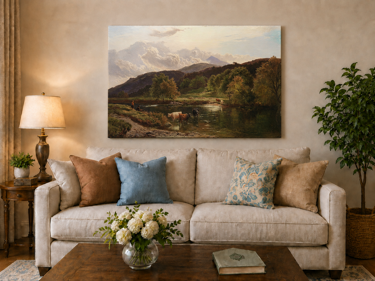 Landscape Oil Painting - Pastoral River Landscape Cattle, Hills