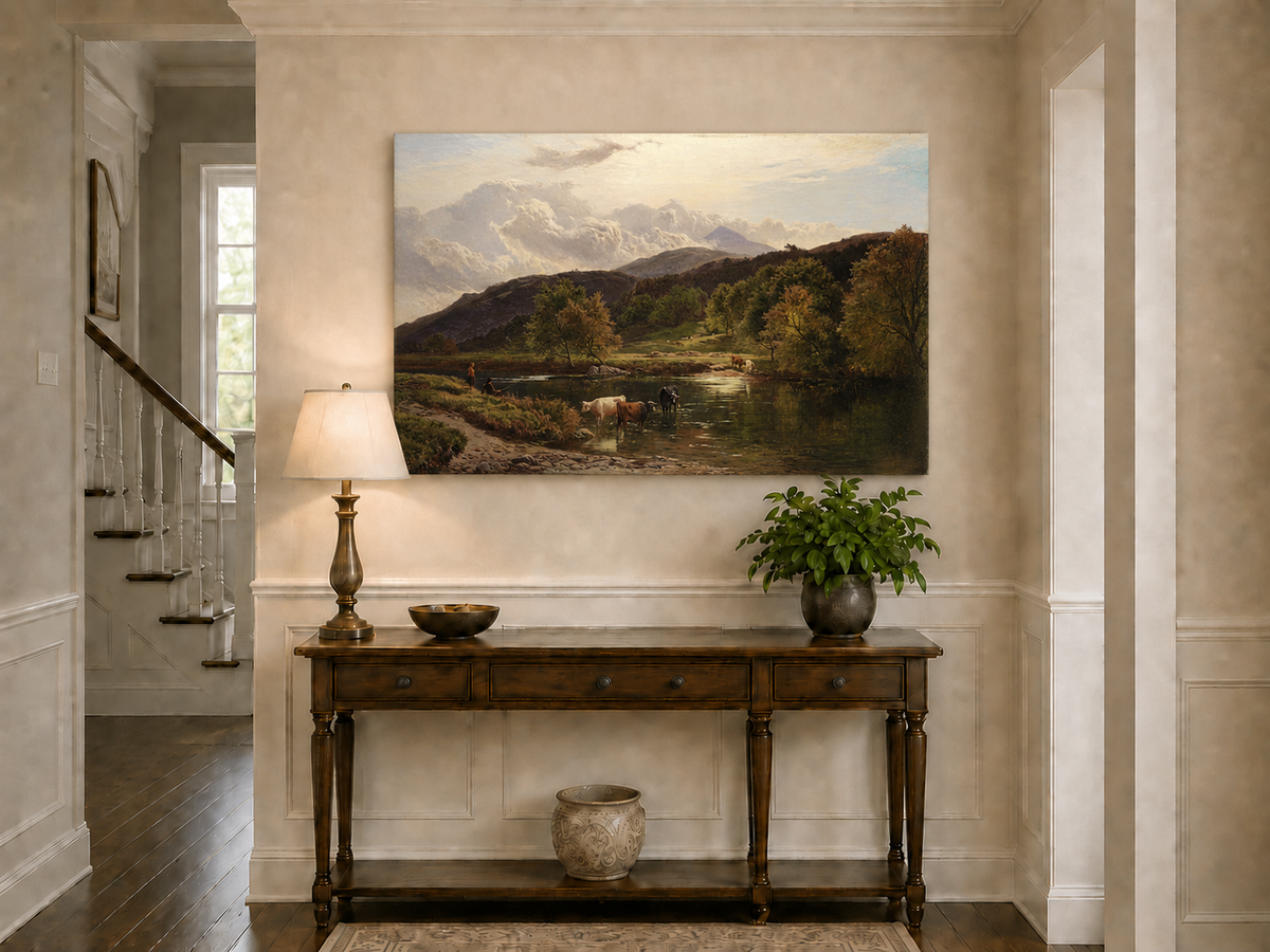 Landscape Oil Painting - Pastoral River Landscape Cattle, Hills