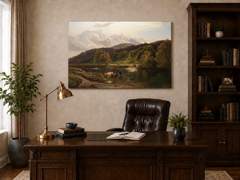 Landscape Oil Painting - Pastoral River Landscape Cattle, Hills