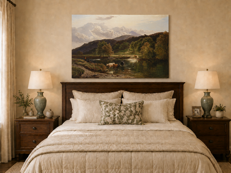 Landscape Oil Painting - Pastoral River Landscape Cattle, Hills