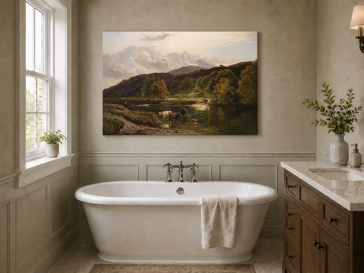 Landscape Oil Painting - Pastoral River Landscape Cattle, Hills