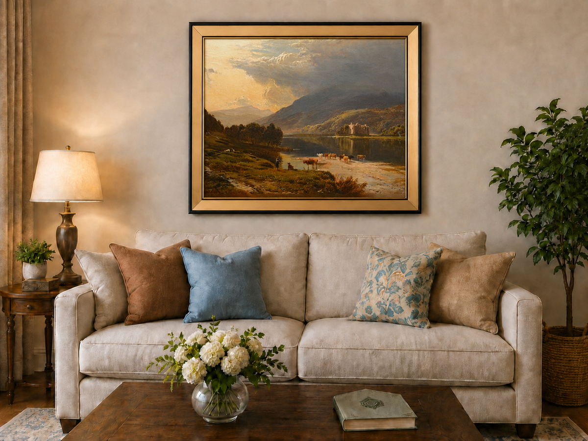 Landscape Oil Painting - Cattle Crossing a Lake