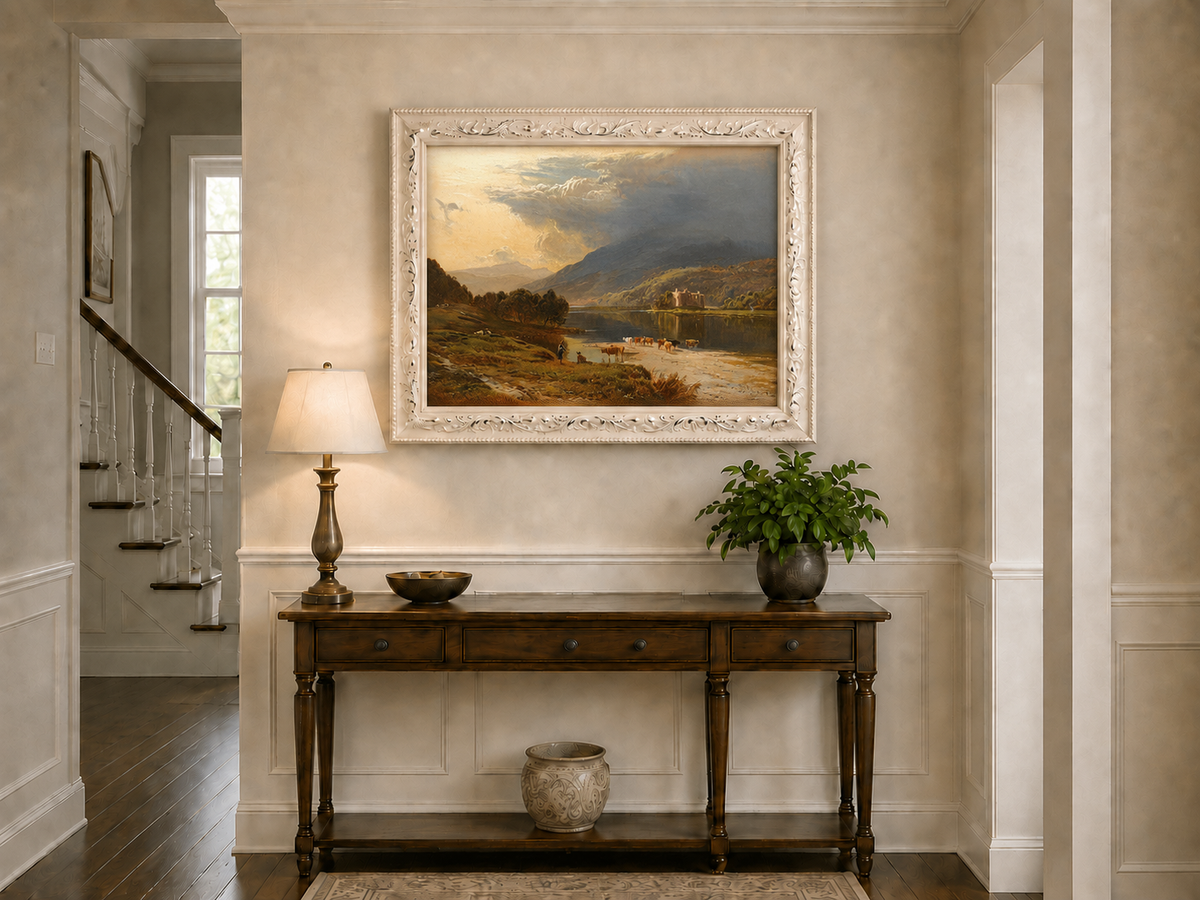 Landscape Oil Painting - Cattle Crossing a Lake