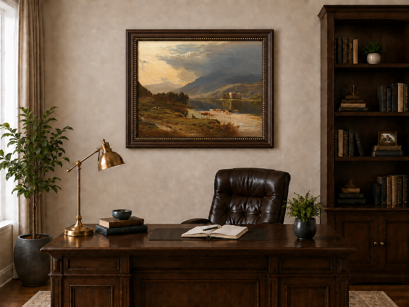Landscape Oil Painting - Cattle Crossing a Lake