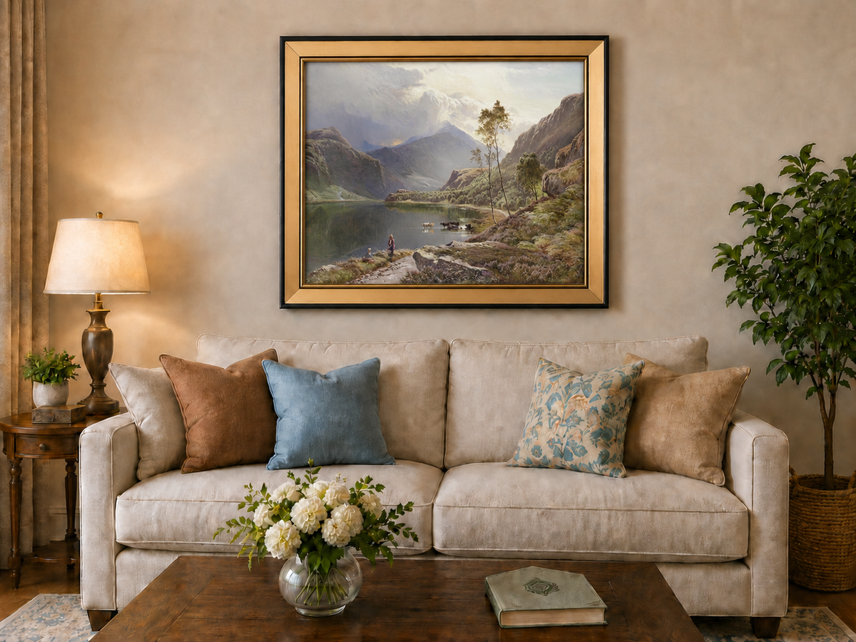 Landscape Oil Painting - Figures, Cattle Mountain Lake Dawn
