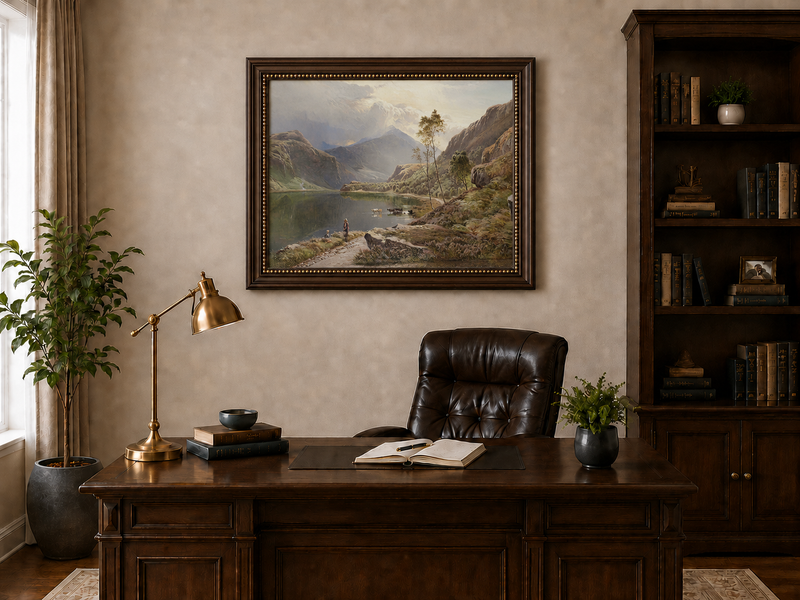 Landscape Oil Painting - Figures, Cattle Mountain Lake Dawn