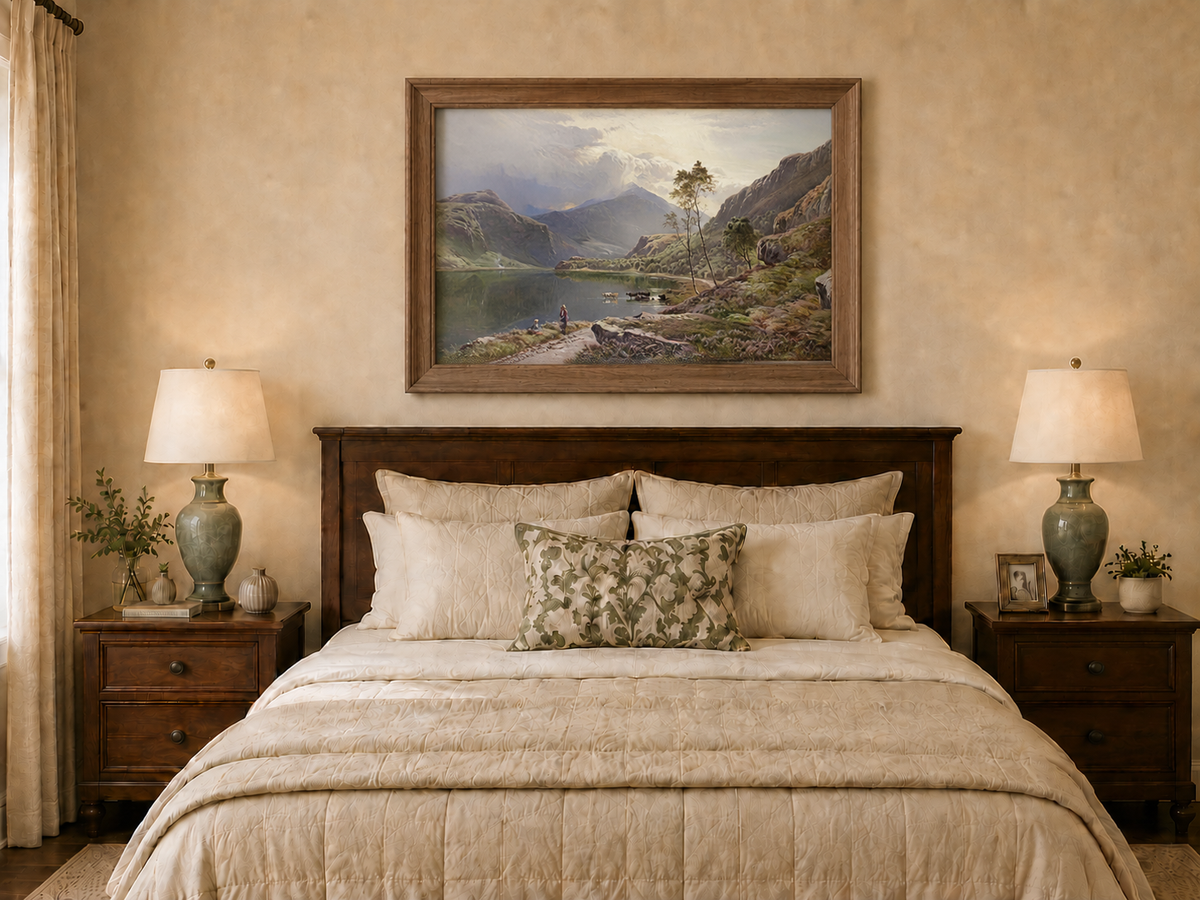 Landscape Oil Painting - Figures, Cattle Mountain Lake Dawn