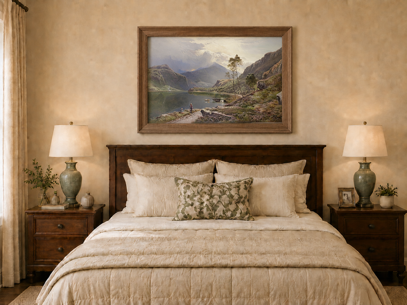 Landscape Oil Painting - Figures, Cattle Mountain Lake Dawn