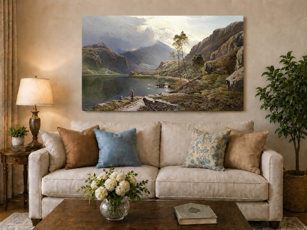 Landscape Oil Painting - Figures, Cattle Mountain Lake Dawn