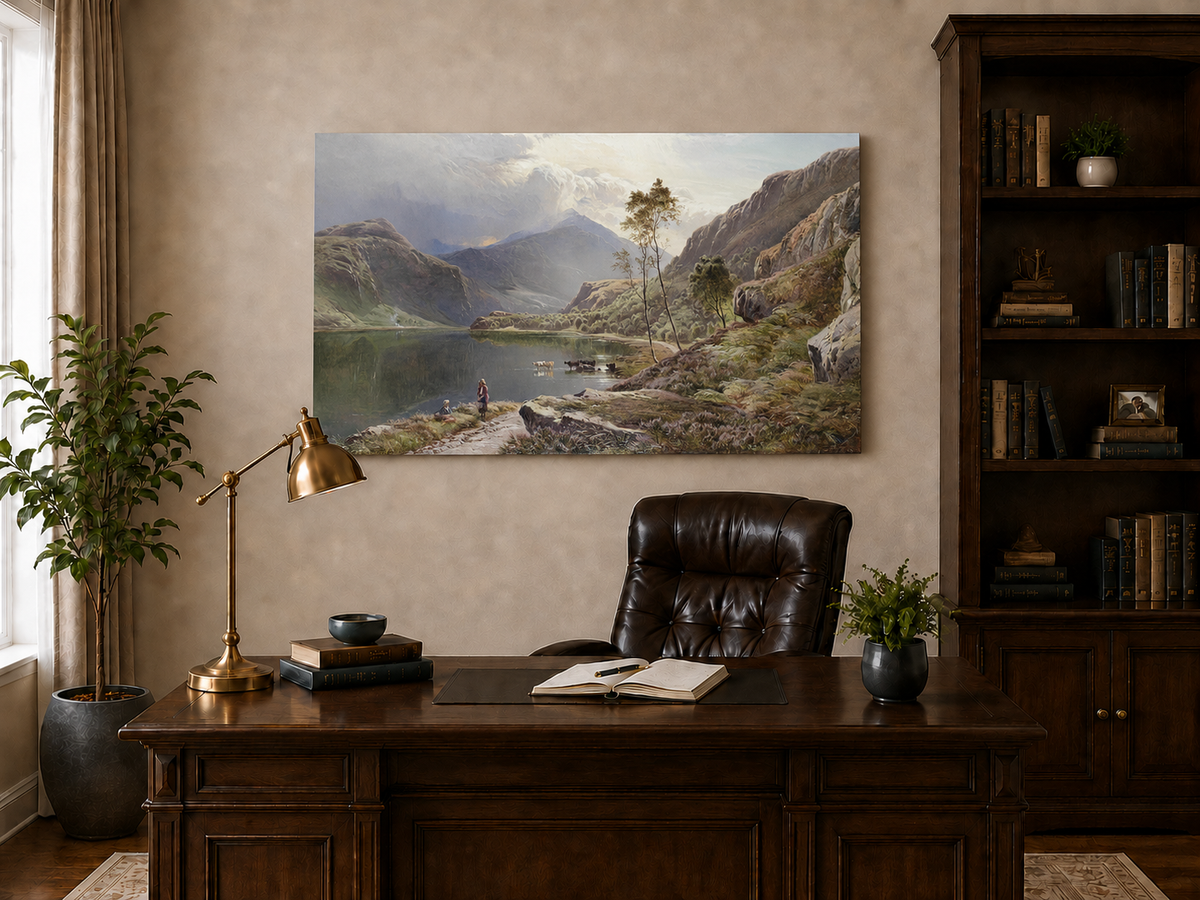 Landscape Oil Painting - Figures, Cattle Mountain Lake Dawn