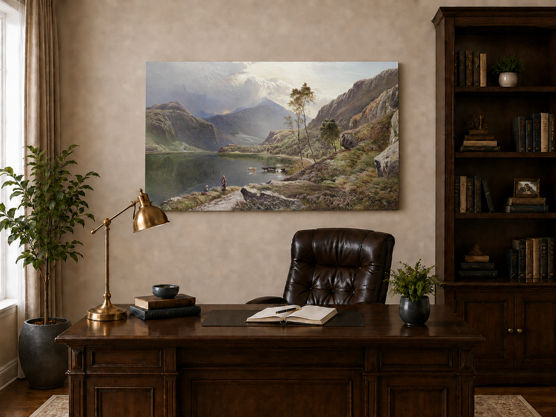 Landscape Oil Painting - Figures, Cattle Mountain Lake Dawn