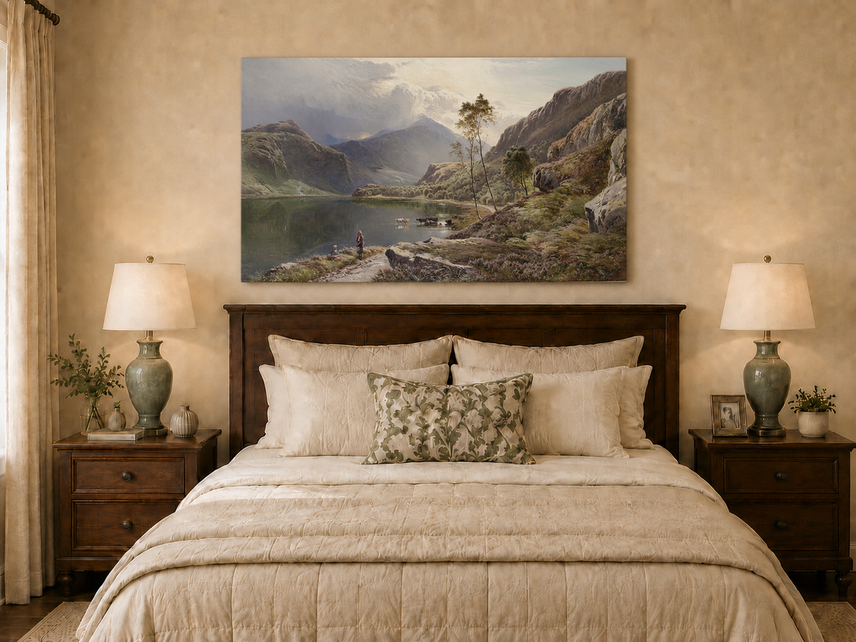 Landscape Oil Painting - Figures, Cattle Mountain Lake Dawn
