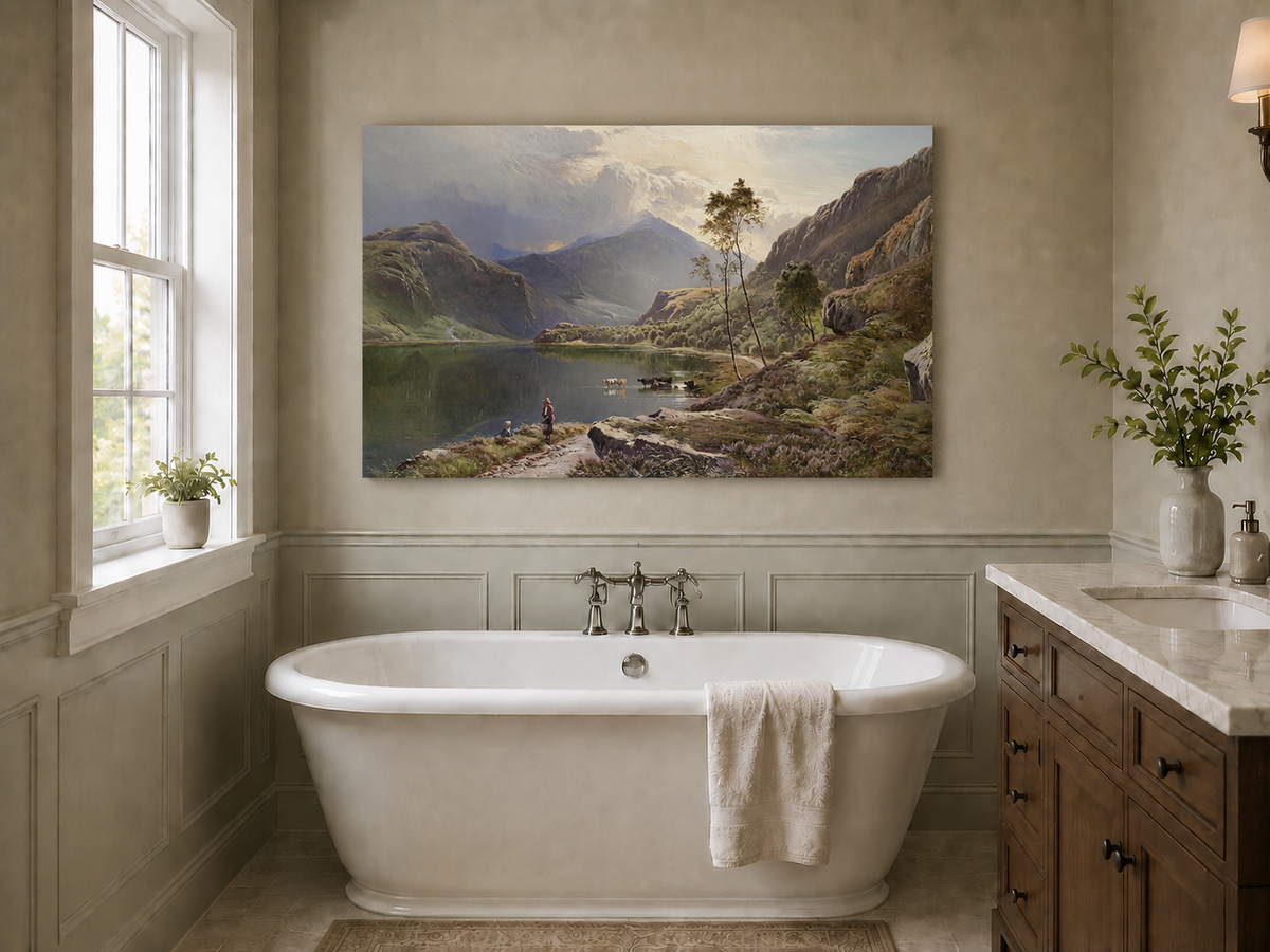 Landscape Oil Painting - Figures, Cattle Mountain Lake Dawn